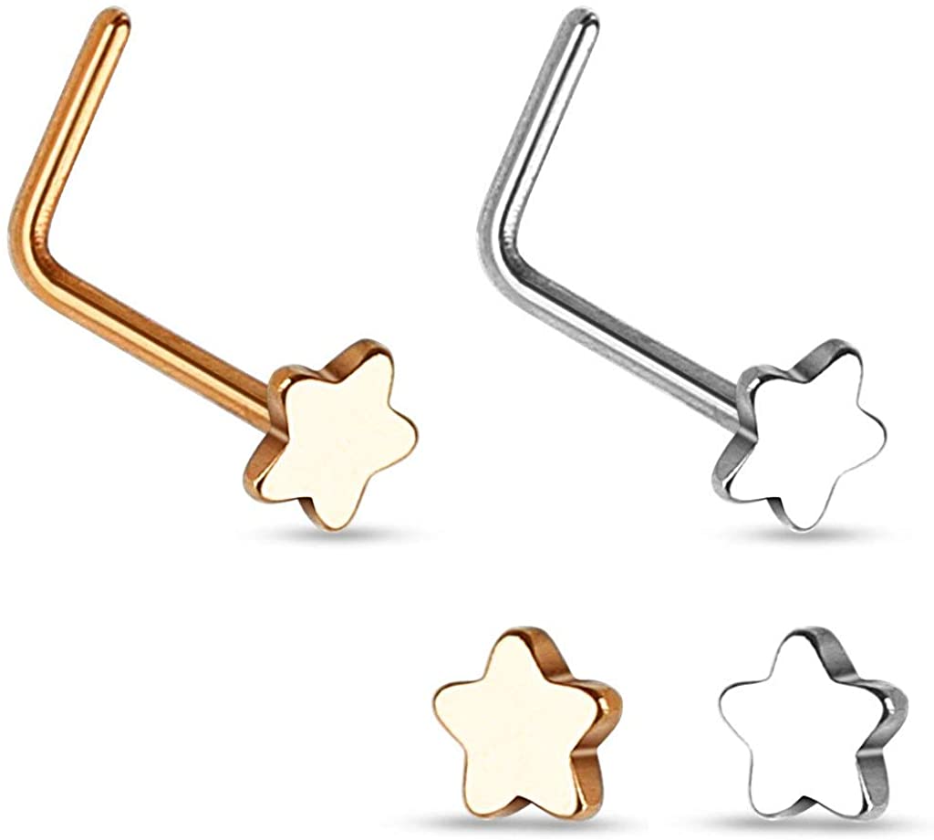 Forbidden Body Jewelry 20g Surgical Steel Star Top L-Shaped Nose Stud (Choose Quantity/Color)