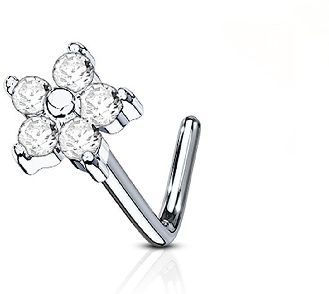 Forbidden Body Jewelry 20g Surgical Steel L Shaped Nose Ring with 5-CZ Flower Top