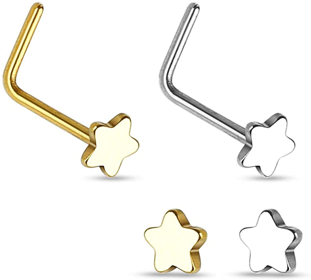Forbidden Body Jewelry 20g Surgical Steel Star Top L-Shaped Nose Stud (Choose Quantity/Color)