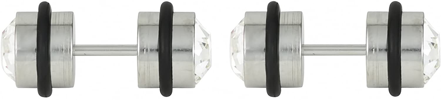 Forbidden Body Jewelry 16g 8mm Surgical Steel with Black O-Rings and Crystals Cheater Plug Earrings, Fake 0 Gauge Earrings