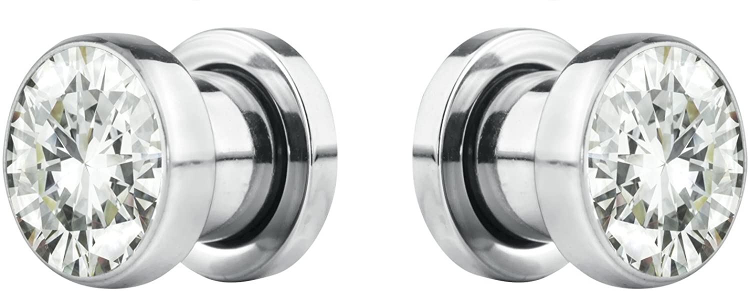 Forbidden Body Jewelry 8G-7/8 Surgical Steel Screw Fit CZ Center Tunnel Plug Earrings (Sold as Pair)