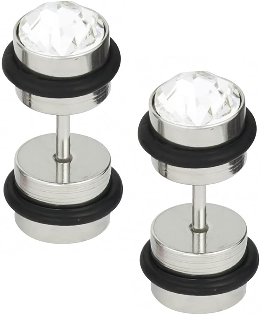 Forbidden Body Jewelry 16g 8mm Surgical Steel with Black O-Rings and Crystals Cheater Plug Earrings, Fake 0 Gauge Earrings