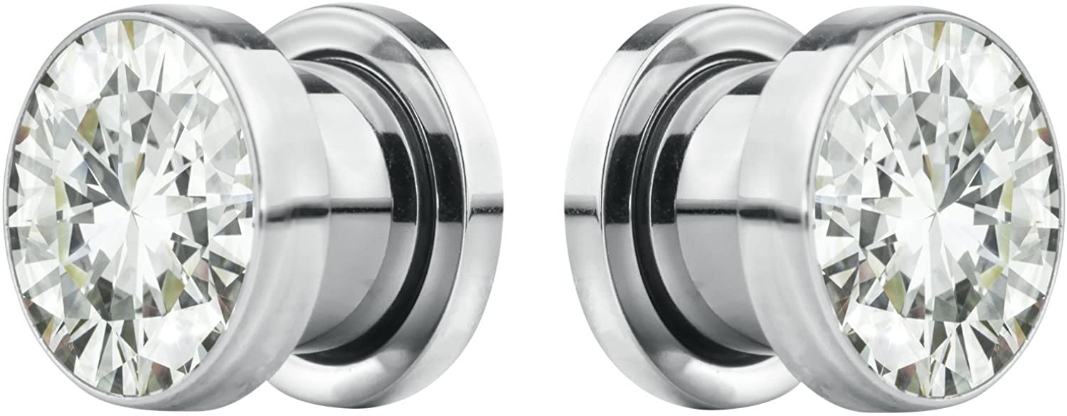 Forbidden Body Jewelry 8G-7/8 Surgical Steel Screw Fit CZ Center Tunnel Plug Earrings (Sold as Pair)
