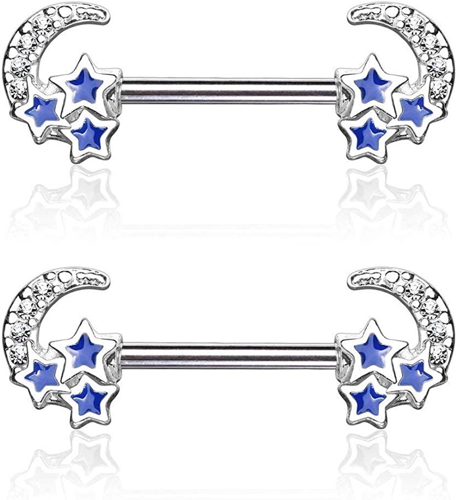 Forbidden Body Jewelry Pave CZ Celestial Moon & Stars 14g Surgical Steel Nipple Barbells (Choose Color)