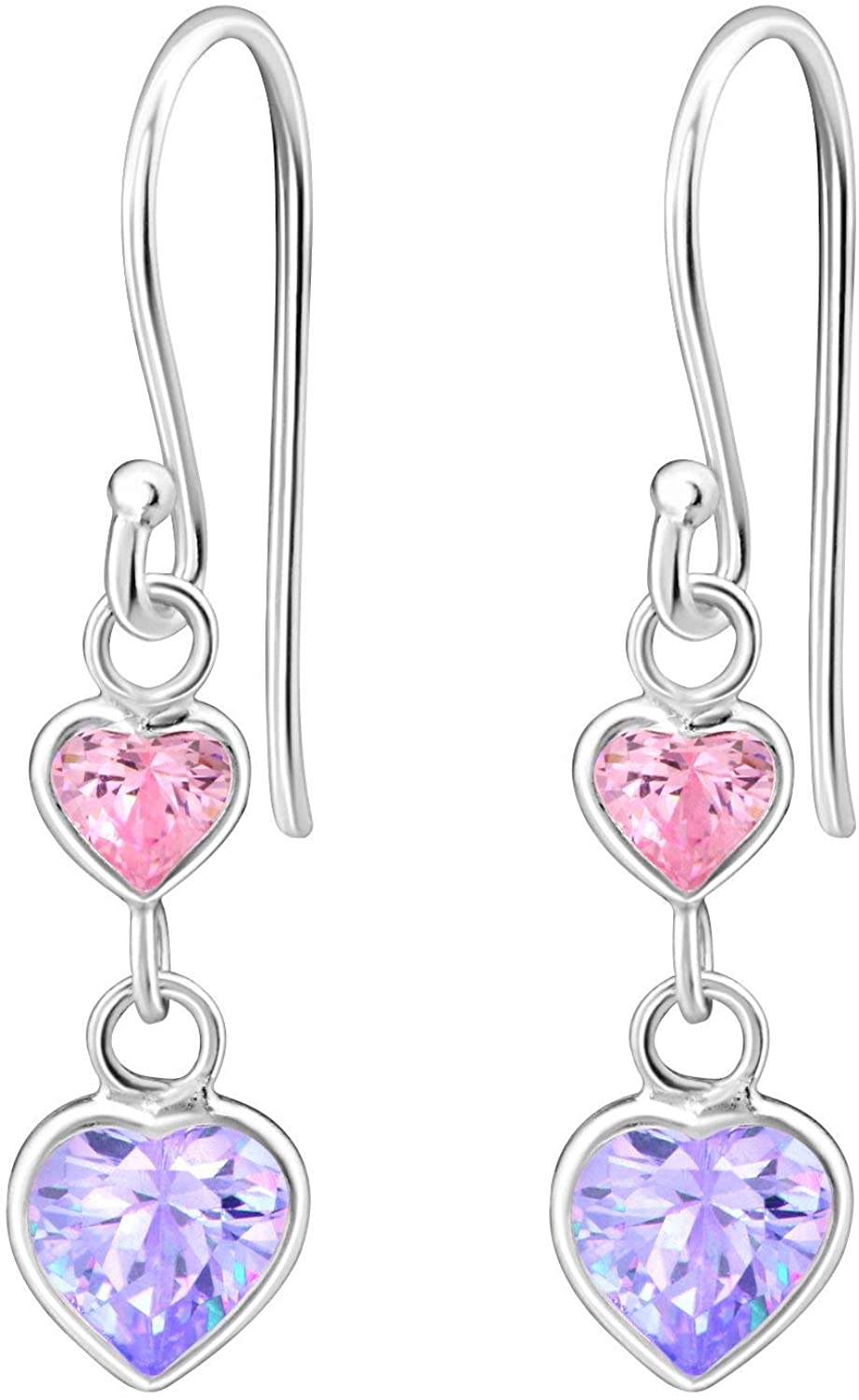 Hypoallergenic Sterling Silver Double Heart CZ Dangle Earrings for Kids (Clear)