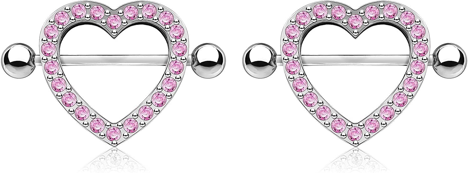 Forbidden Body Jewelry Surgical Steel CZ Crystal Heart Nipple Shield Barbells