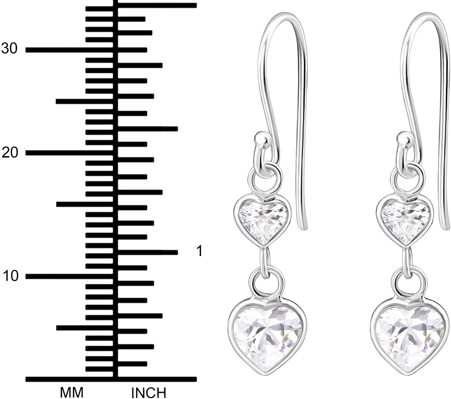 Hypoallergenic Sterling Silver Double Heart CZ Dangle Earrings for Kids (Clear)