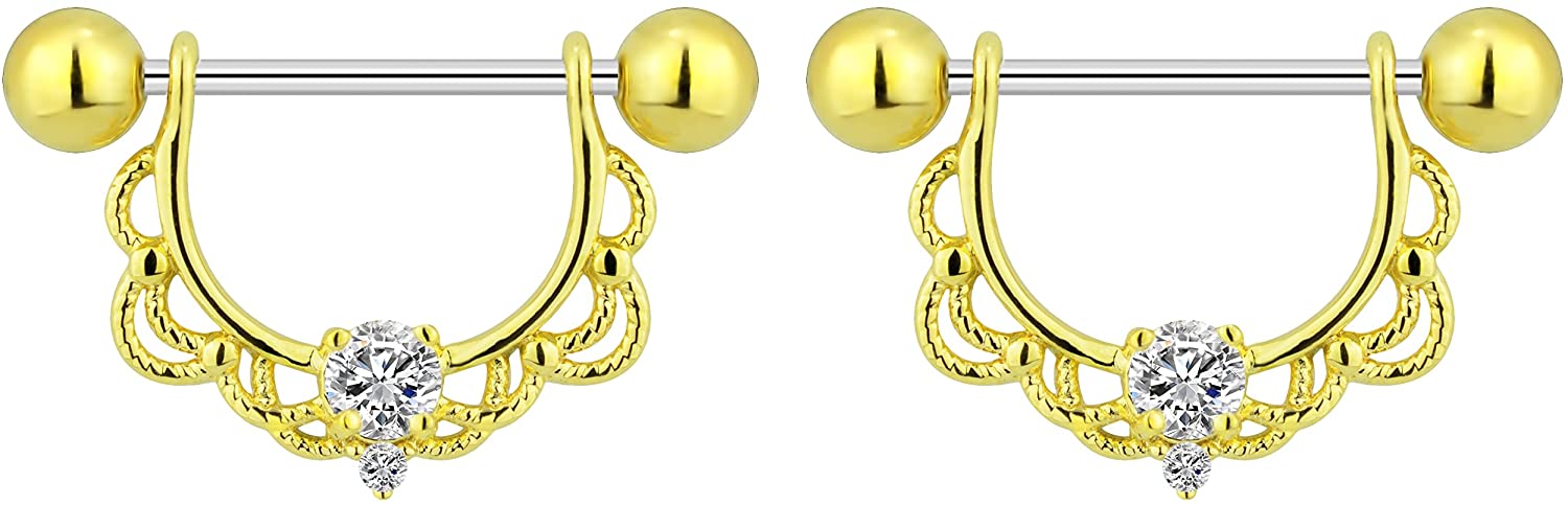 Forbidden Body Jewelry 14g-16g Surgical Steel & Gold Plated CZ Crystal Lacey Partial Nipple Shield Filigree Barbell Set