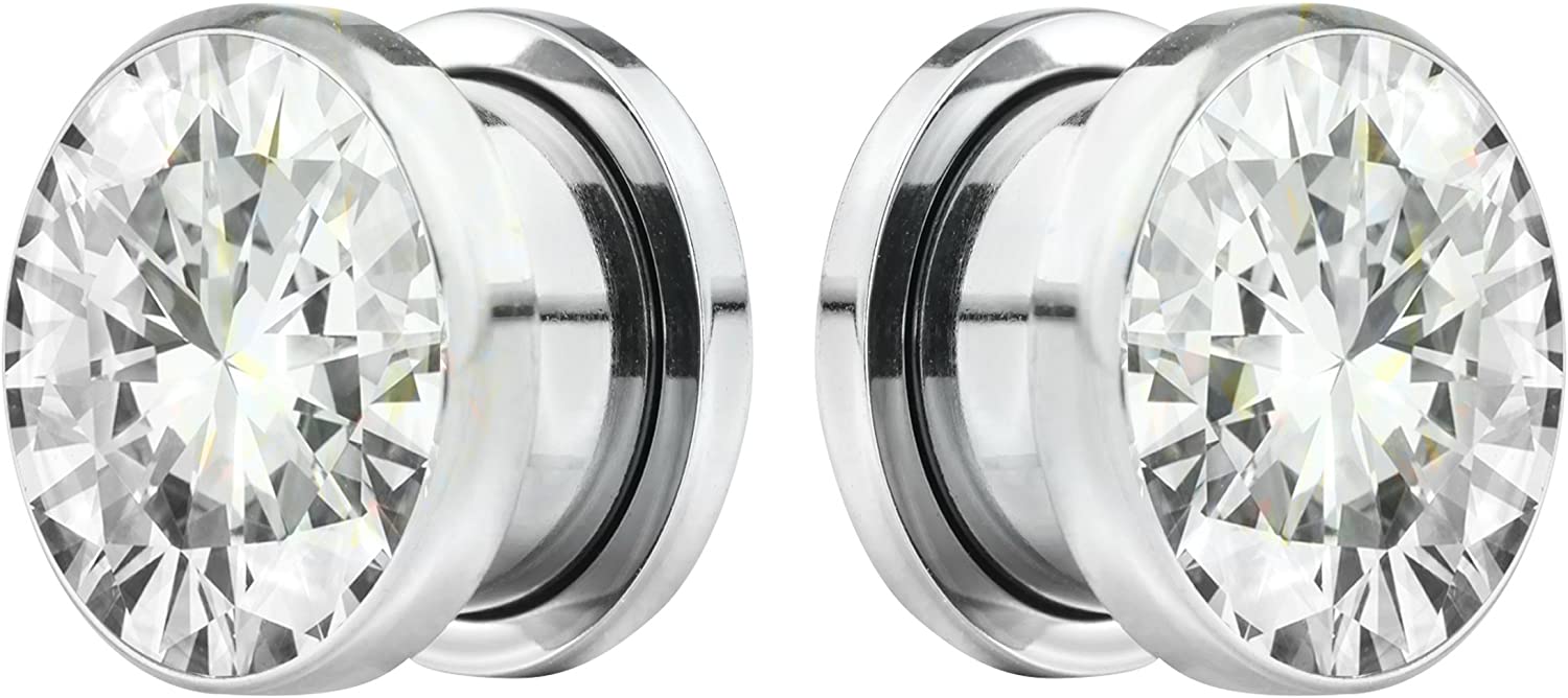 Forbidden Body Jewelry 8G-7/8 Surgical Steel Screw Fit CZ Center Tunnel Plug Earrings (Sold as Pair)