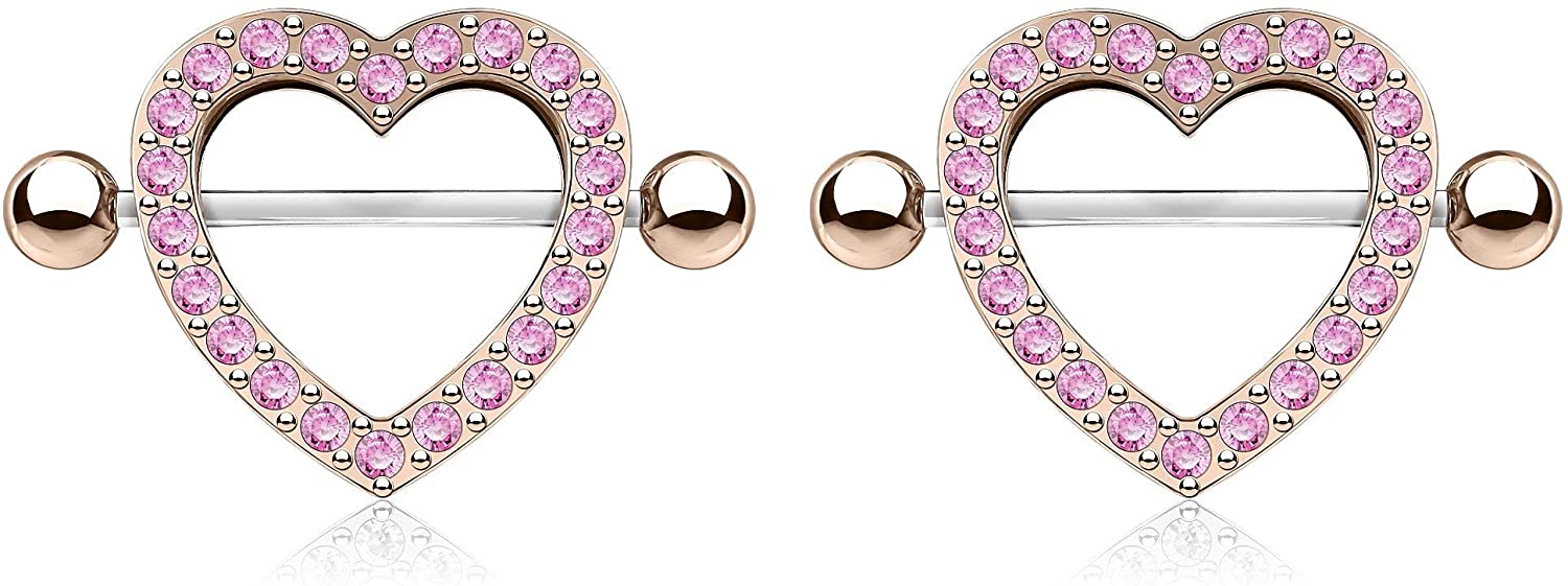 Forbidden Body Jewelry Surgical Steel CZ Crystal Heart Nipple Shield Barbells