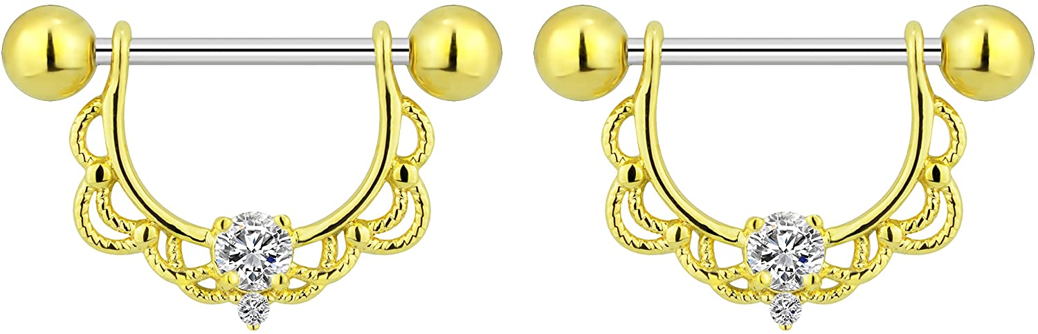Forbidden Body Jewelry 14g-16g Surgical Steel & Gold Plated CZ Crystal Lacey Partial Nipple Shield Filigree Barbell Set