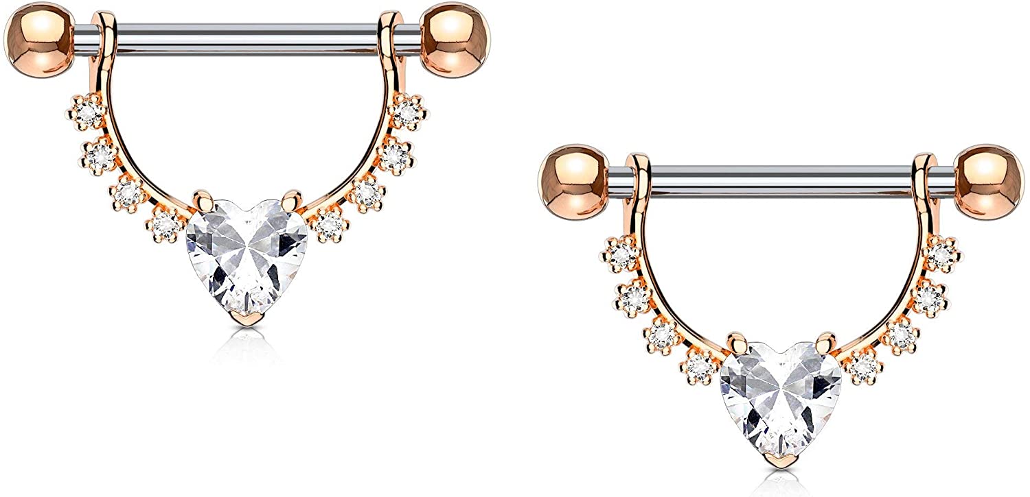 Forbidden Body Jewelry Pair of Surgical Steel 1/2 Inch (12mm) D-Ring Style CZ Heart Dangle Nipple Barbells