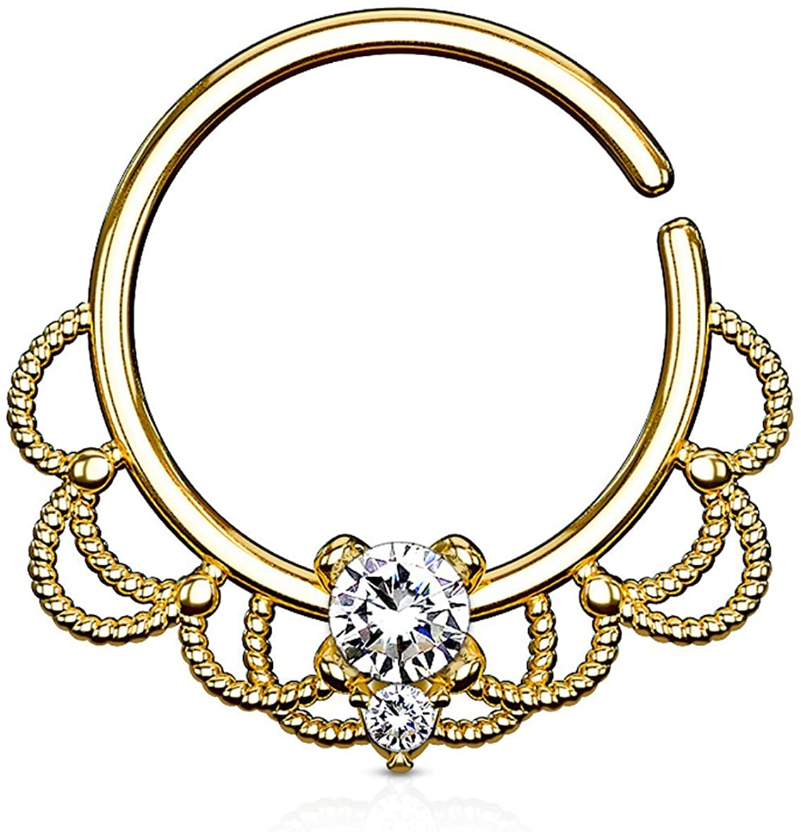 Forbidden Body Jewelry 16g Platinum/Rose Gold/18k Gold Plated Brass CZ or Synthetic Opal Center Filigree Septum/Cartilage Hoop