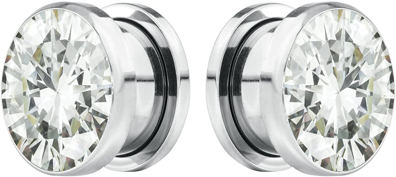 Forbidden Body Jewelry 8G-7/8 Surgical Steel Screw Fit CZ Center Tunnel Plug Earrings (Sold as Pair)