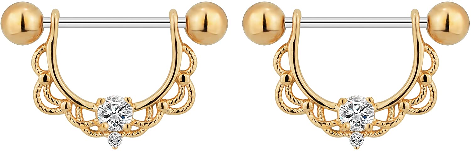 Forbidden Body Jewelry 14g-16g Surgical Steel & Gold Plated CZ Crystal Lacey Partial Nipple Shield Filigree Barbell Set