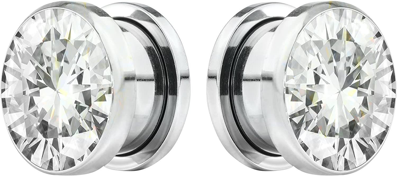 Forbidden Body Jewelry 8G-7/8 Surgical Steel Screw Fit CZ Center Tunnel Plug Earrings (Sold as Pair)