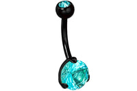Our double jeweled belly button ring is made with black Titanium IP plating over surgical grade 316L stainless steel. IP plating (Ion Plating) is a safe and permanent surface refinishing process that creates a brighter, harder and more durable piece of jewelry. This body jewelry features aqua blue Cubic Zirconia simulated diamond crystals. This 14 gauge 3/8" belly ring is hypoallergenic and nickel free.