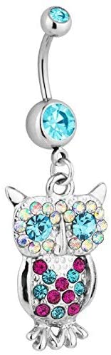 Surgical Steel Jeweled Aqua Pave Gem Owl Animal Dangle Belly Button Ring