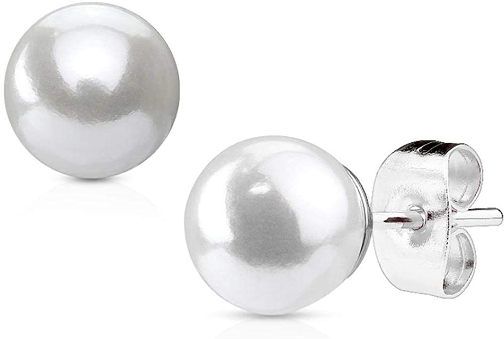 316L Surgical Steel Synthetic Faux Pearl Stud Earrings (3mm/4mm/5mm/6mm/7mm)