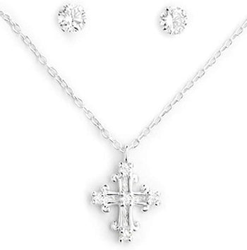 .925 Sterling Silver Cross Pendant Necklace & CZ Crystal Stud Earring Set for Girls