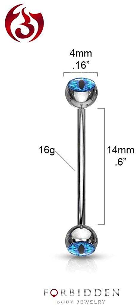 Forbidden Body Jewelry 16g 14mm Surgical Steel Curved Barbell w/Snake Eye Inlaid Ball Ends for Snake Eyes Tongue Piercing