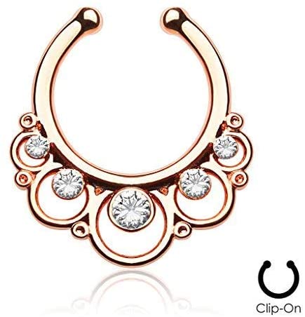 Non-Piercing Septum Jewelry: Fancy Rose Gold IP Plated CZ Crystal Clip On Septum Hanger