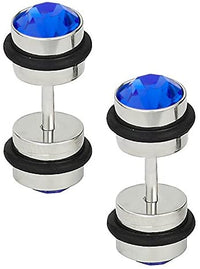 Forbidden Body Jewelry 16g 6mm Surgical Steel with Black O-Rings and Blue Crystals Cheater Plug Earrings, Fake 2 Gauge Earrings