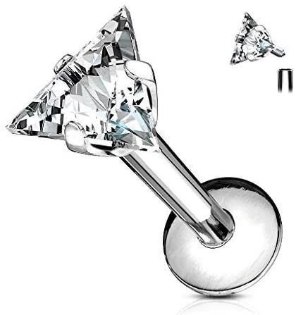 Forbidden Body Jewelry 16g Internally Threaded Surgical Steel Triangle CZ Labret Stud (Pick Color/Length)