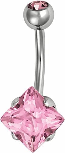 Forbidden Body Jewelry Surgical Steel Prong Set Square Pink CZ Crystal Belly Button Ring