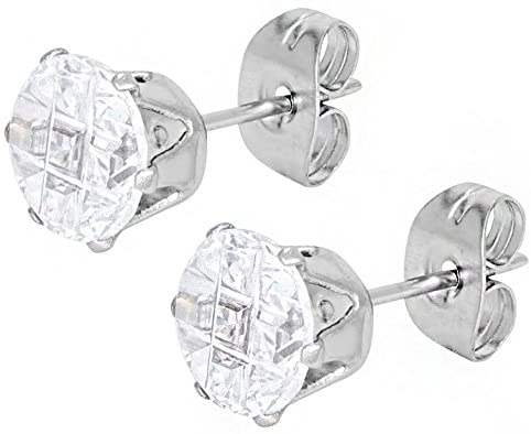 Stainless Steel Cross Cut Crystal Medium Sized Round Stud Earrings for Men