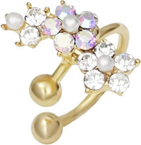 Gold IP Plated Brass Flower CZ & Faux Pearl Crystal Wrap Ear Cuff for Women