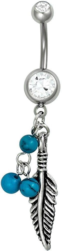 Forbidden Body Jewelry Surgical Steel Clear CZ Jeweled Feather with Simulated Turquoise Stone Beads Dangle Belly Ring