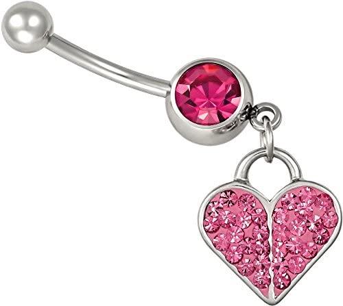 Forbidden Body Jewelry Surgical Steel Pink CZ Heart Crystal Dangle Belly Button Ring