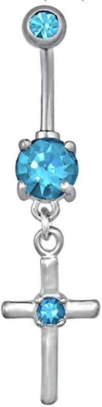 Forbidden Body Jewelry Surgical Steel Light Blue Jeweled CZ Cross Dangle Belly Button Ring