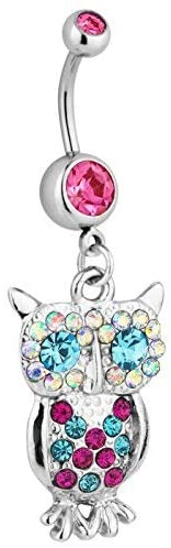 Surgical Steel Jeweled Pink Pave Gem Owl Animal Dangle Belly Button Ring