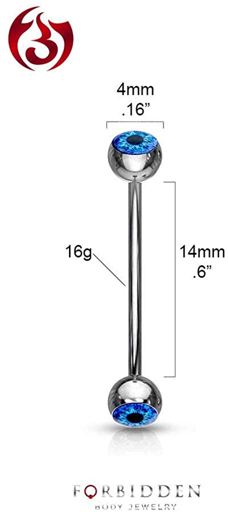 Forbidden Body Jewelry 16g 14mm Surgical Steel Curved Barbell w/Eyeball Inlaid Ball Ends for Snake Eyes Tongue Piercing