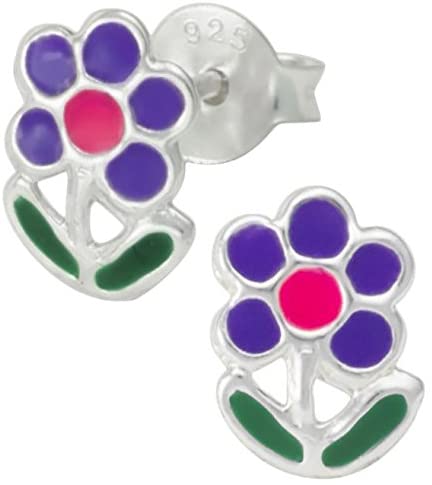 Hypoallergenic Sterling Silver Pink & Purple Daisy Flower Stud Earrings for Kids (Nickel Free)