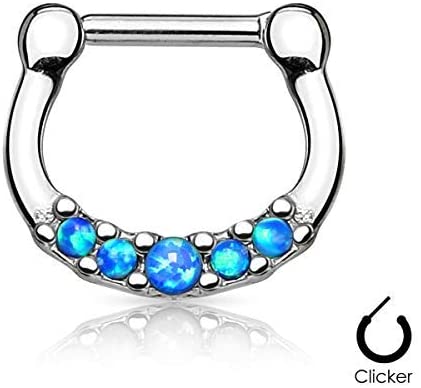 Forbidden Body Jewelry 16g Surgical Steel Bezel Set Opalite Septum Piercing Clicker Hoop Ring