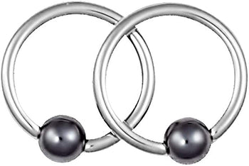 Forbidden Body Jewelry Pair of 2 Rings: 18g 5/16 Inch Surgical Steel Hematite Balls CBR Hoop Earrings