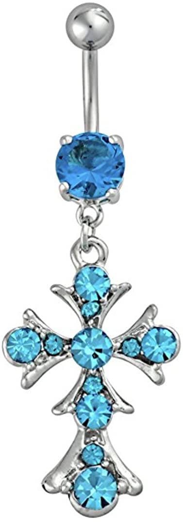 Forbidden Body Jewelry Surgical Steel Light Blue Jeweled Vintage Crystal Cross Dangle Belly Button Ring
