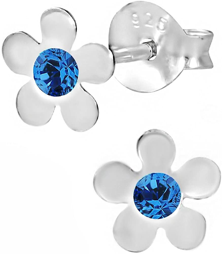 Hypoallergenic Sterling Silver Blue Crystal Flower Stud Earrings for Kids (Nickel Free)