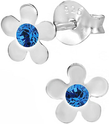 Hypoallergenic Sterling Silver Blue Crystal Flower Stud Earrings for Kids (Nickel Free)