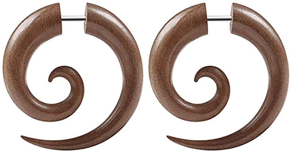 Forbidden Body Jewelry Organic Sawo Wood Fake Spiral Plug Earrings with 16g Steel Post, 4mm - 6G