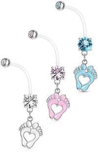 Forbidden Body Jewelry 14G 1" Pregnancy Bioflex Adjustable & Flexible Dangle Baby Feet CZ Maternity Belly Button Ring