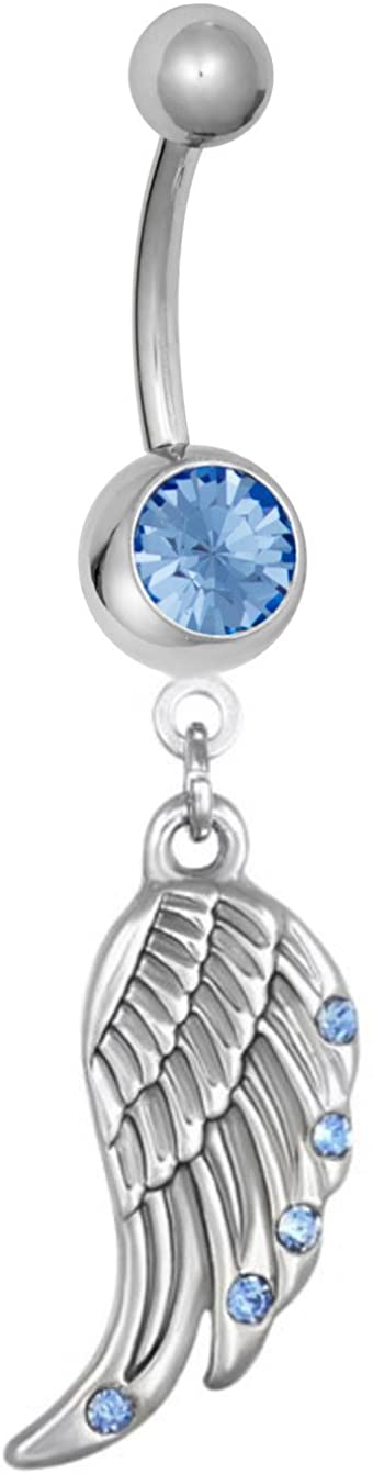 Forbidden Body Jewelry Surgical Steel Light Blue CZ Studded Angel Wing Dangle Belly Button Ring