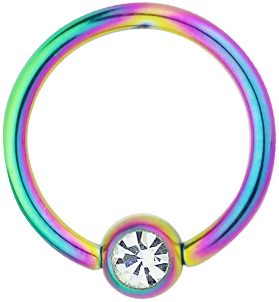 Forbidden Body Jewelry 14g 1/2 Inch Surgical Steel Rainbow IP Plated Jeweled Captive Bead CBR Hoop Ring