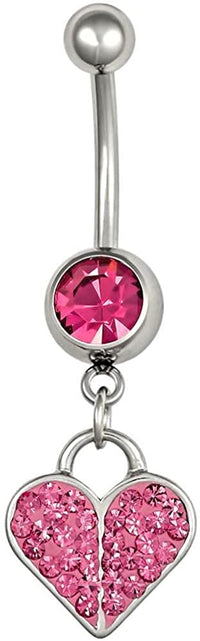 Forbidden Body Jewelry Surgical Steel Pink CZ Heart Crystal Dangle Belly Button Ring