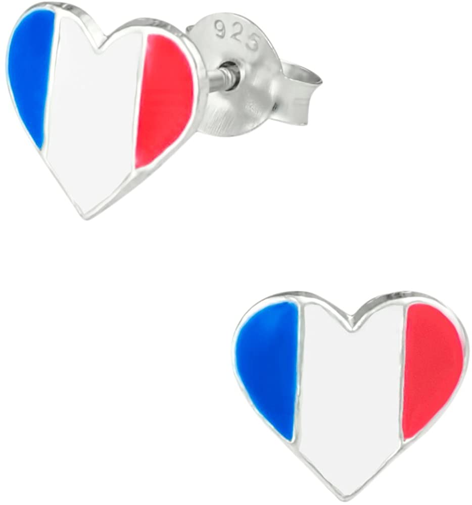 Hypoallergenic Sterling Silver French Flag Heart Stud Earrings for Kids (Nickel Free)