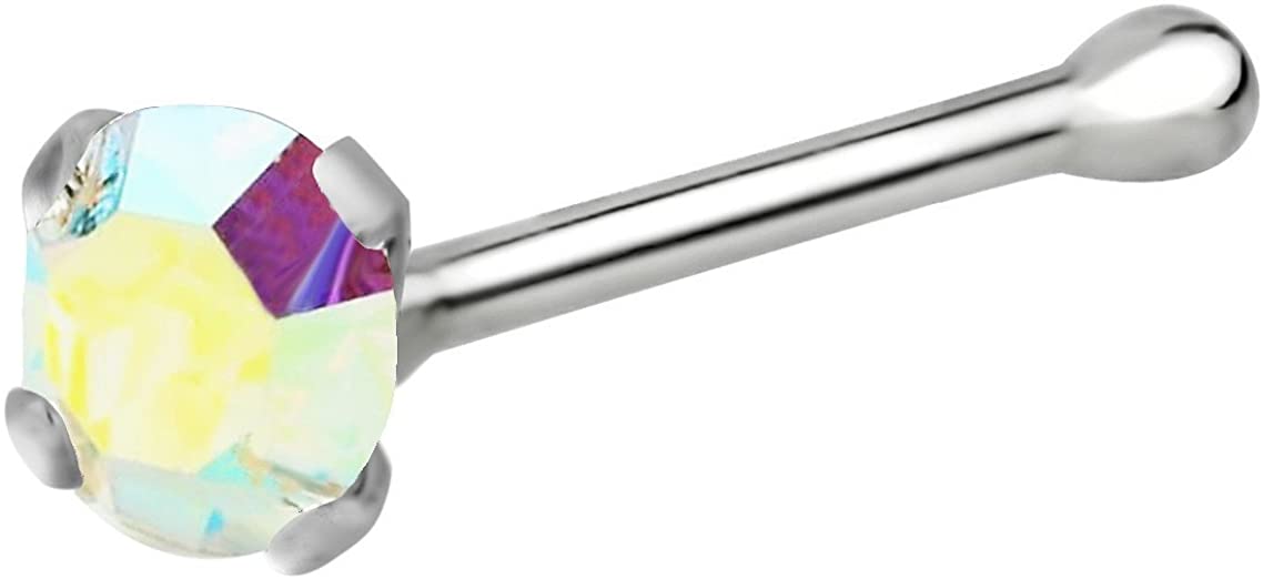 Forbidden Body Jewelry 22g Sterling Silver Aurora Borealis CZ Simulated Diamond Nose Stud, 2.5mm Crystal