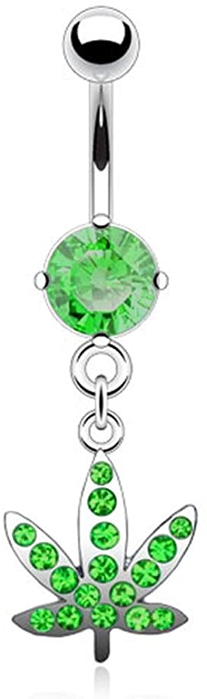 Forbidden Body Jewelry Surgical Steel Crystal Studded Marijuana Leaf Charm Dangle Belly Ring